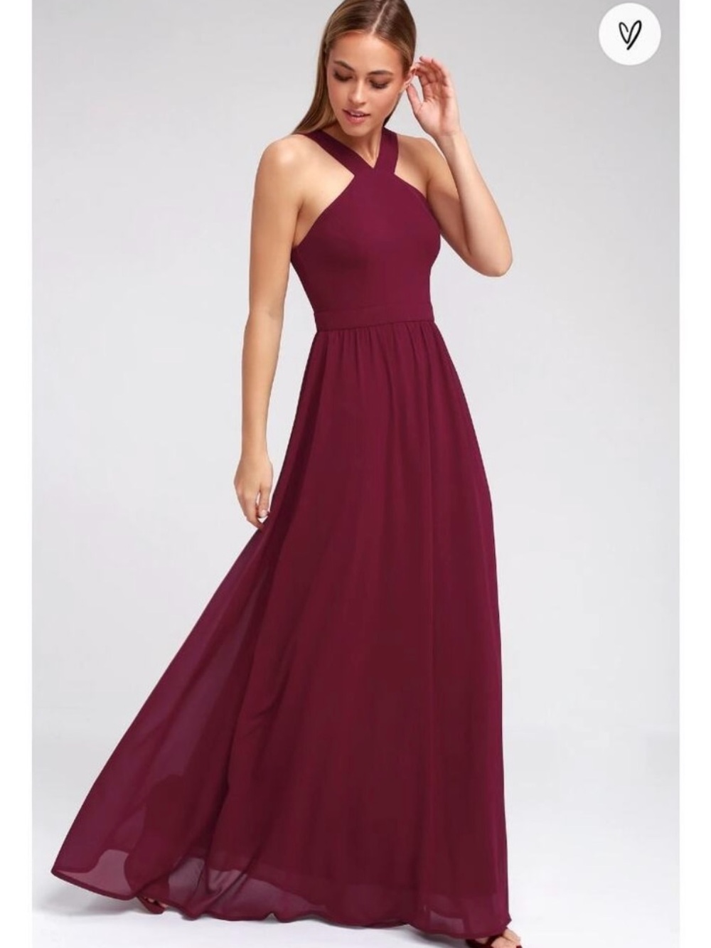 Lulu's Cross-Neck Halter Bridesmaid Maxi Dress in Burgundy